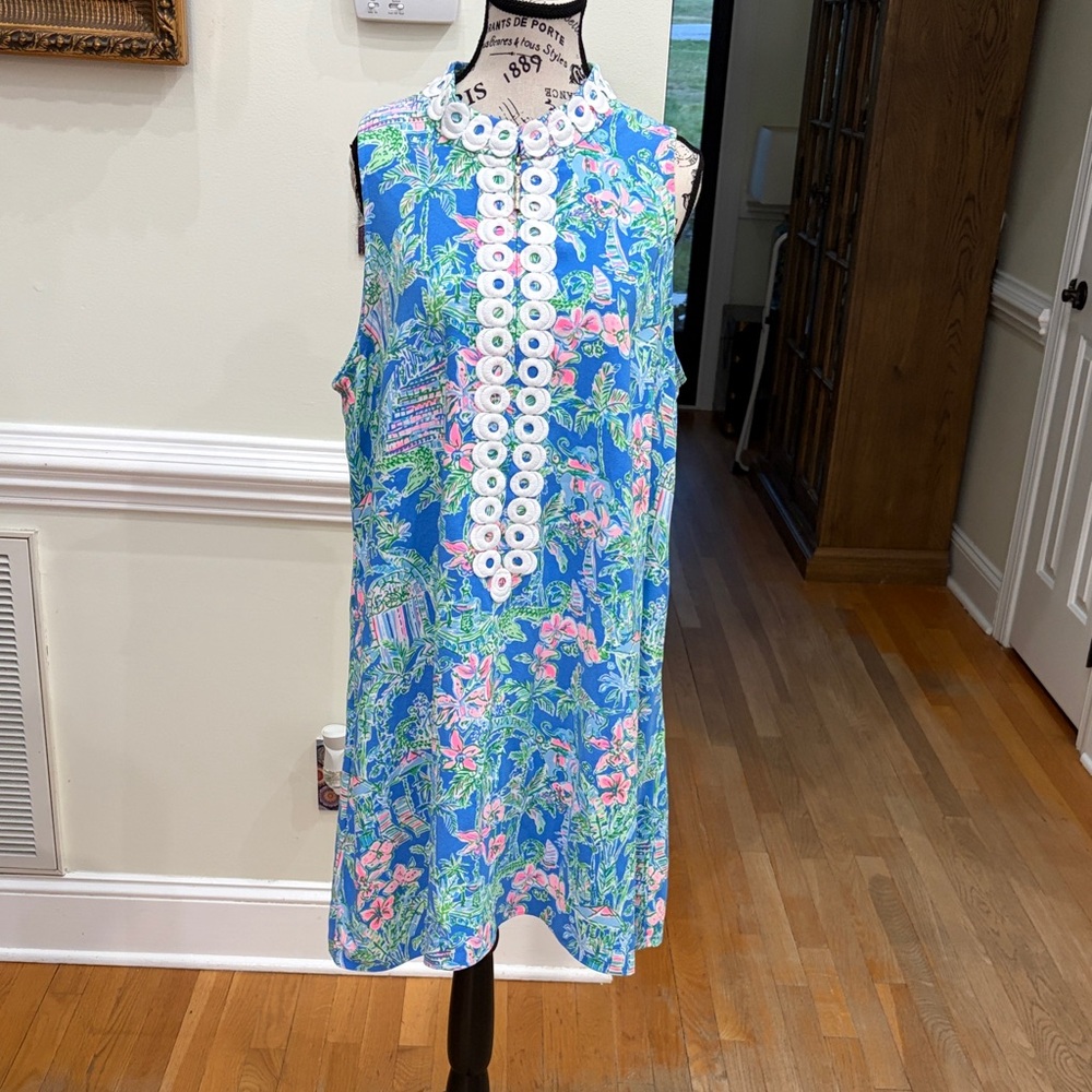 Lilly Pulitzer Blue Floral Sleeveless Shift Dress with Pink & Green Accents